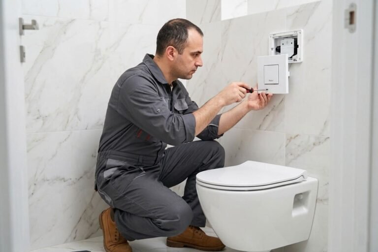 Profesional de la fontanería realizando un cambio de inodoro en Murcia