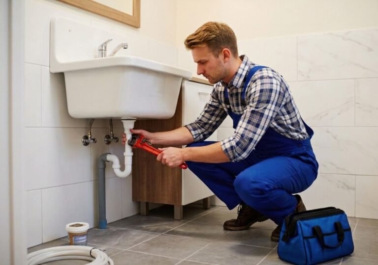 Fontanero haciendo la instalación de lavabo en Murcia